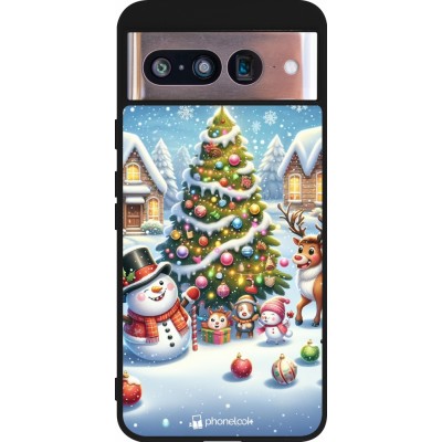 Coque Google Pixel 8 - Silicone rigide noir Noël 2023 bonhomme de neige et sapin