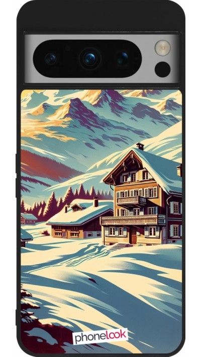 Coque Google Pixel 8 Pro - Silicone rigide noir Chalet montagne enneigée