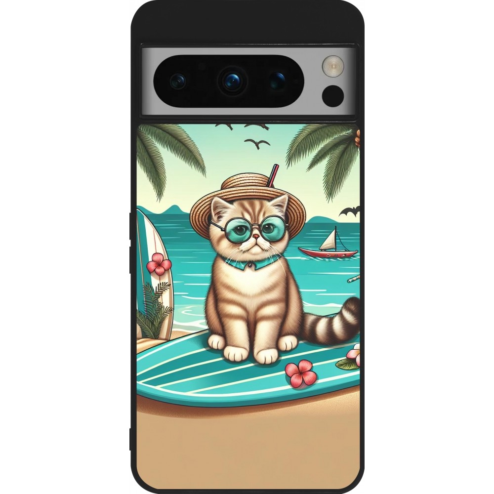 Coque Google Pixel 8 Pro - Silicone rigide noir Chat Surf Style