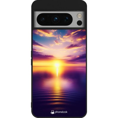 Coque Google Pixel 8 Pro - Silicone rigide noir Coucher soleil jaune violet