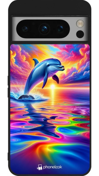 Coque Google Pixel 8 Pro - Silicone rigide noir Dauphin arc-en-ciel heureux