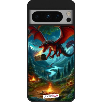 Coque Google Pixel 8 Pro - Silicone rigide noir Dragon Volant Forêt Trésor