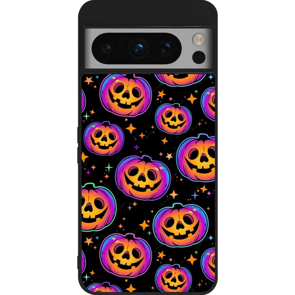 Coque Google Pixel 8 Pro - Silicone rigide noir Halloween 2024 rainbow pumpkins