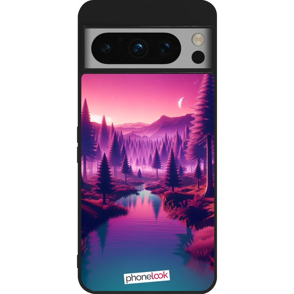 Coque Google Pixel 8 Pro - Silicone rigide noir Paysage Violet-Rose