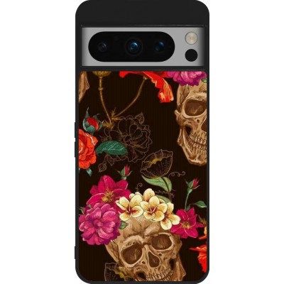 Coque Google Pixel 8 Pro - Silicone rigide noir Skulls and flowers