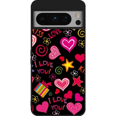 Coque Google Pixel 8 Pro - Silicone rigide noir Valentine 2023 love symbols