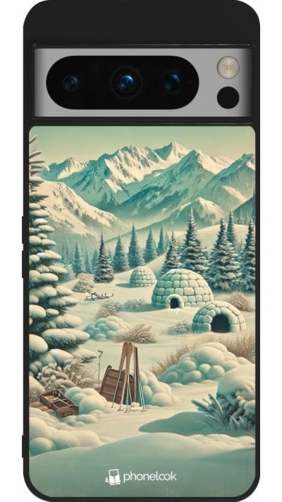 Coque Google Pixel 8 Pro - Silicone rigide noir Vintage Snowy Mountain Igloo