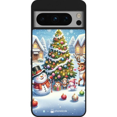 Coque Google Pixel 8 Pro - Silicone rigide noir Noël 2023 bonhomme de neige et sapin