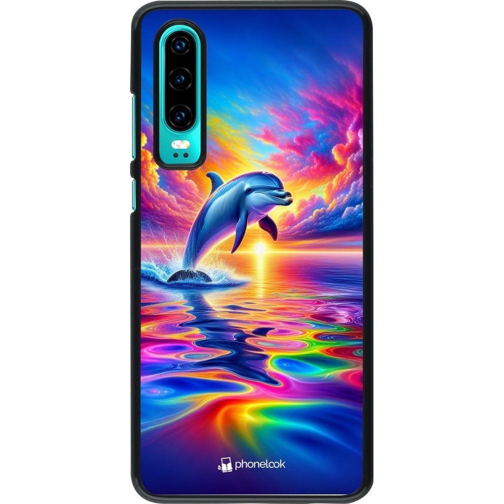 Coque Huawei P30 - Dauphin arc-en-ciel heureux