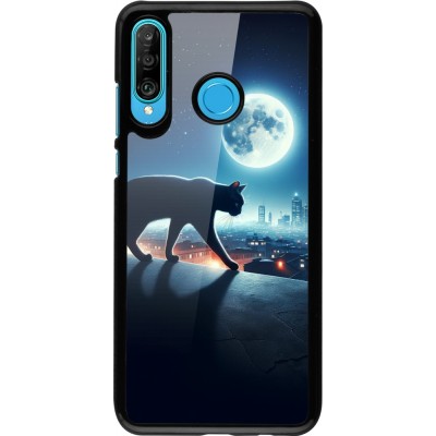 Coque Huawei P30 Lite - Chat noir sous la pleine lune