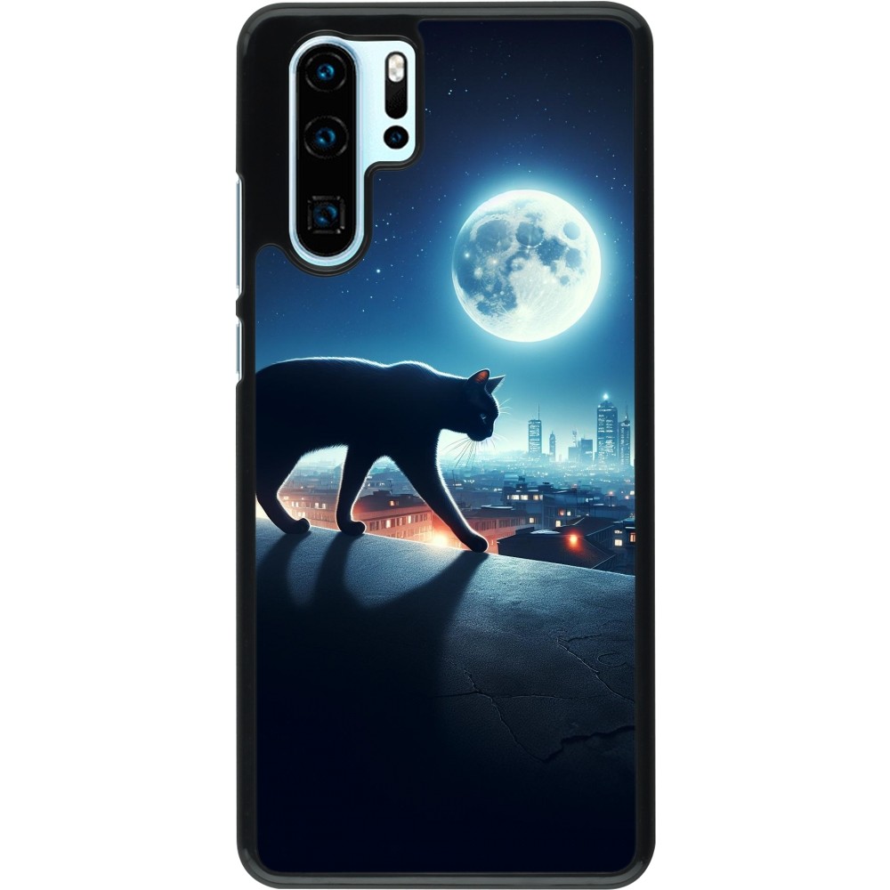 Coque Huawei P30 Pro - Chat noir sous la pleine lune