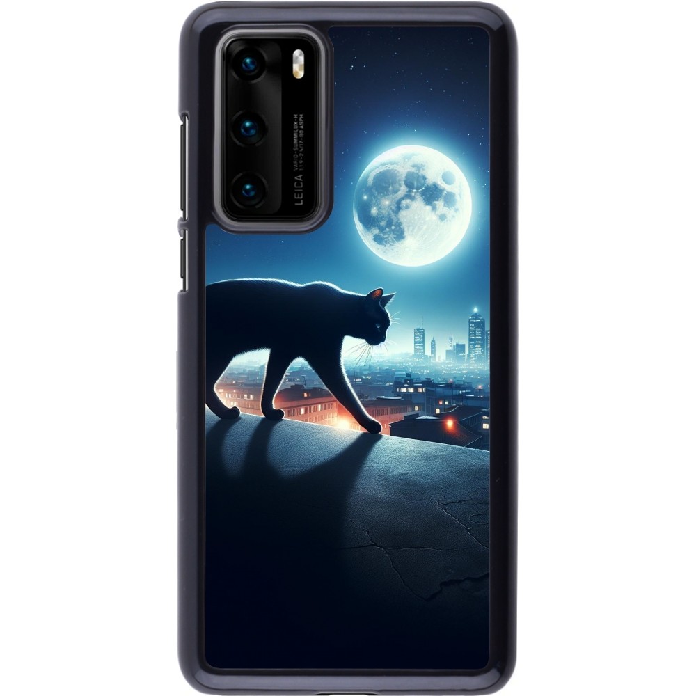 Coque Huawei P40 - Chat noir sous la pleine lune