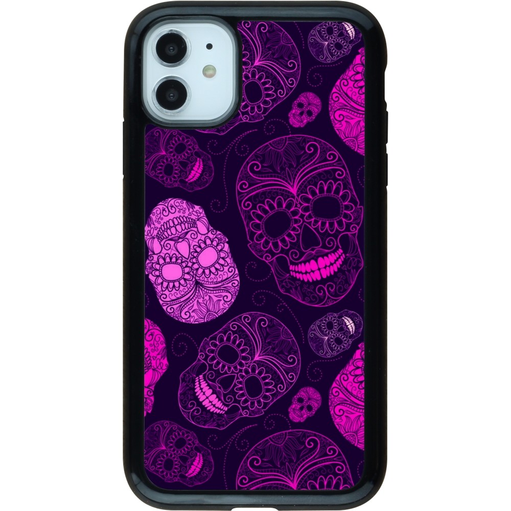 Coque iPhone 11 - Hybrid Armor noir Halloween 2023 pink skulls