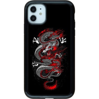 Coque iPhone 11 - Hybrid Armor noir Japanese style Dragon Tattoo Red Black