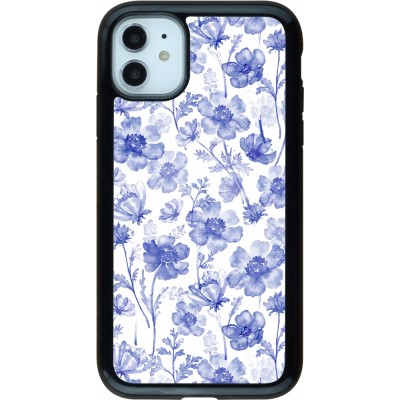 Coque iPhone 11 - Hybrid Armor noir Spring 23 watercolor blue flowers