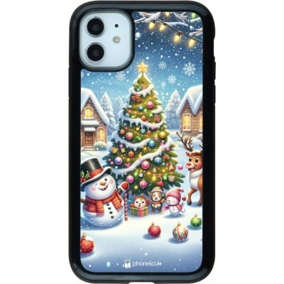 Coque iPhone 11 - Hybrid Armor noir Noël 2023 bonhomme de neige et sapin