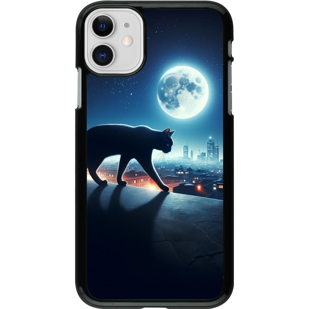 Coque iPhone 11 - Chat noir sous la pleine lune