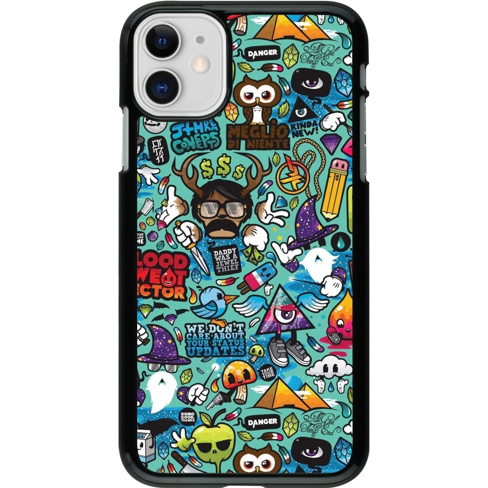 Coque iPhone 11 - Mixed Cartoons Turquoise