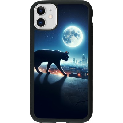 Coque iPhone 11 - Silicone rigide noir Chat noir sous la pleine lune