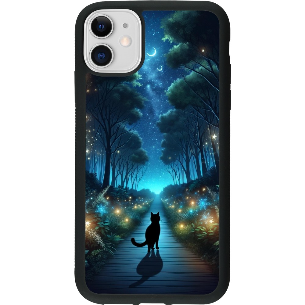 Coque iPhone 11 - Silicone rigide noir Chat noir promenade