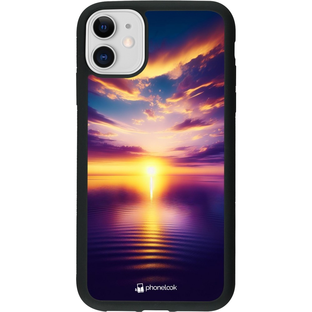 Coque iPhone 11 - Silicone rigide noir Coucher soleil jaune violet