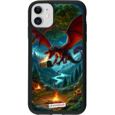 Coque iPhone 11 - Silicone rigide noir Dragon Volant Forêt Trésor