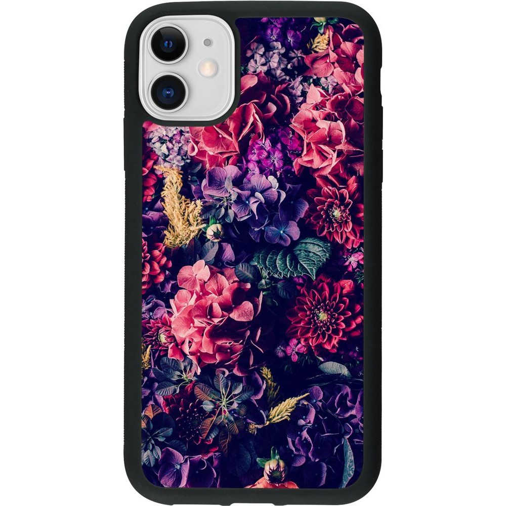 Coque iPhone 11 - Silicone rigide noir Flowers Dark