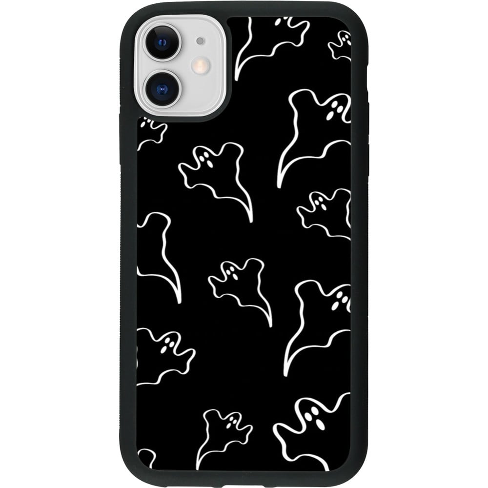 Coque iPhone 11 - Silicone rigide noir Halloween 2024 black and white ghosts