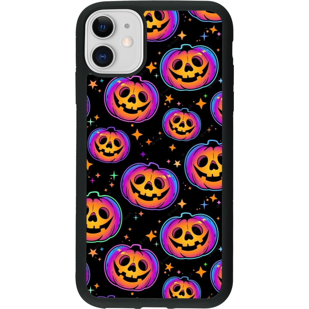 Coque iPhone 11 - Silicone rigide noir Halloween 2024 rainbow pumpkins