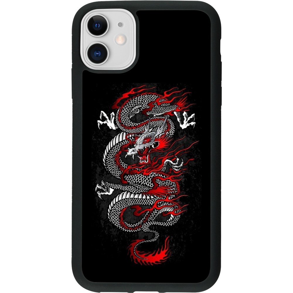 Coque iPhone 11 - Silicone rigide noir Japanese style Dragon Tattoo Red Black