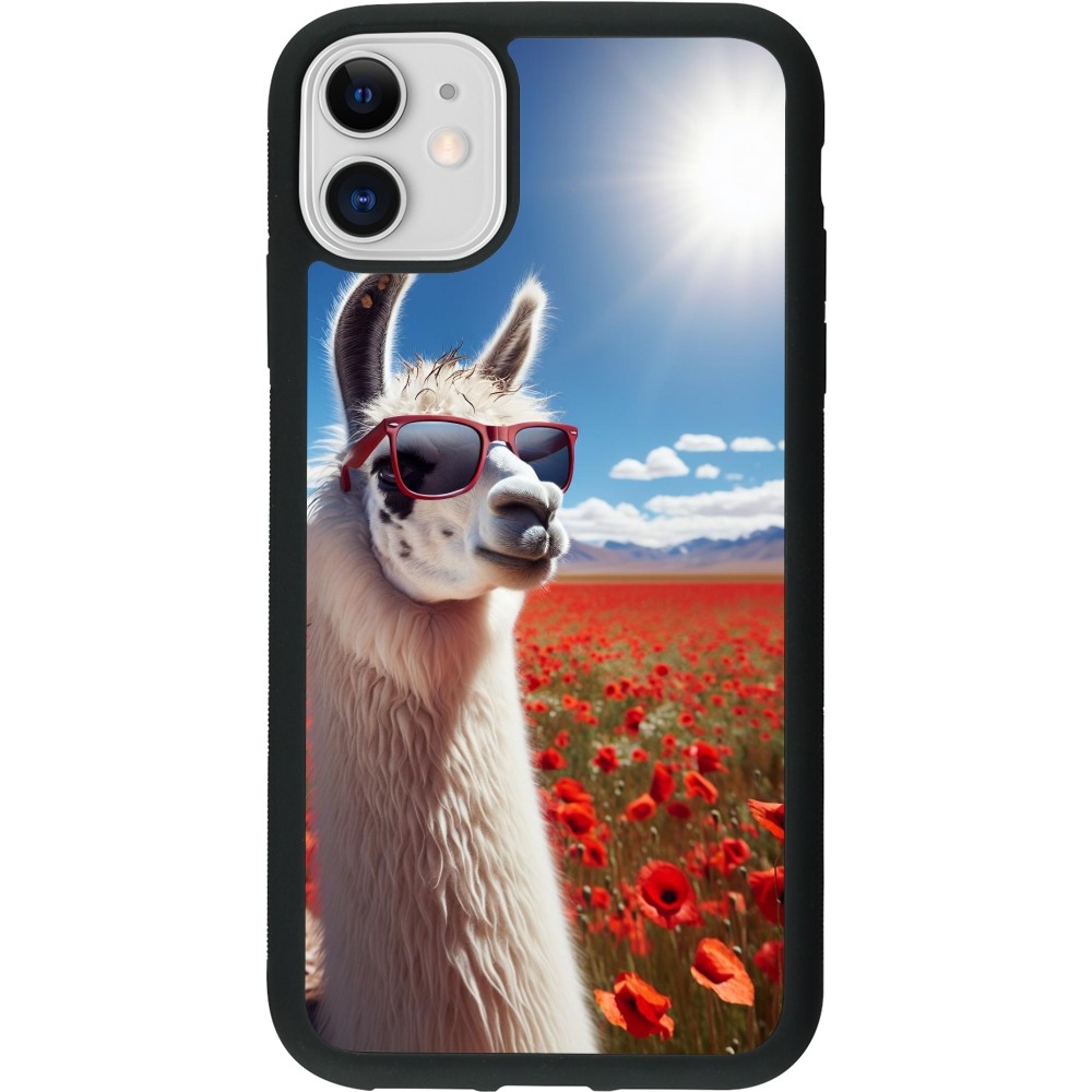 Coque iPhone 11 - Silicone rigide noir Lama Chic en Coquelicot