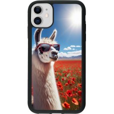 Coque iPhone 11 - Silicone rigide noir Lama Chic en Coquelicot