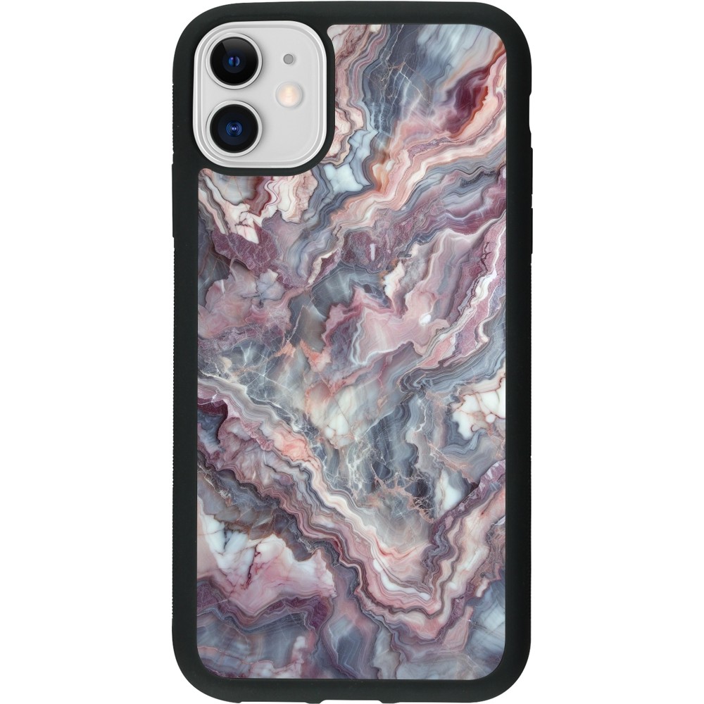 Coque iPhone 11 - Silicone rigide noir Marbre violette argentée