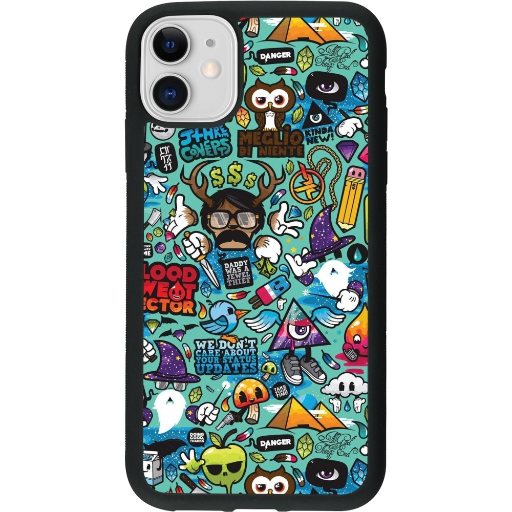 Coque iPhone 11 - Silicone rigide noir Mixed Cartoons Turquoise