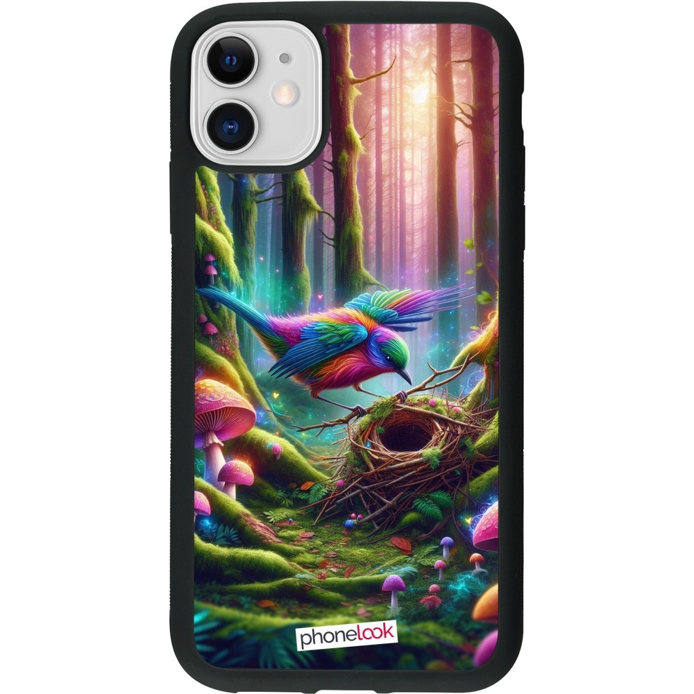 Coque iPhone 11 - Silicone rigide noir Oiseau Nid Forêt