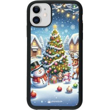 Coque iPhone 11 - Silicone rigide noir Noël 2023 bonhomme de neige et sapin