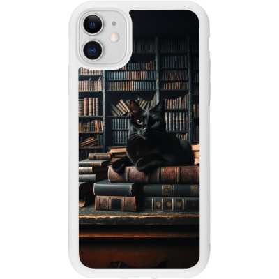 Coque iPhone 11 - Silicone rigide blanc Chat livres sombres