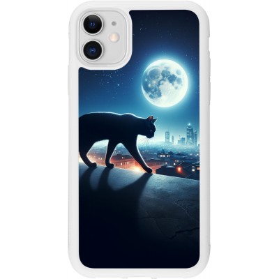 Coque iPhone 11 - Silicone rigide blanc Chat noir sous la pleine lune