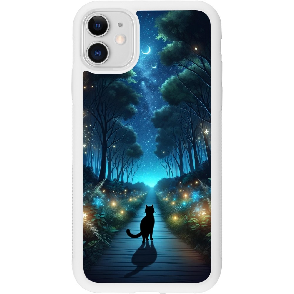 Coque iPhone 11 - Silicone rigide blanc Chat noir promenade