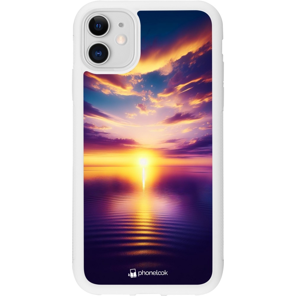 Coque iPhone 11 - Silicone rigide blanc Coucher soleil jaune violet