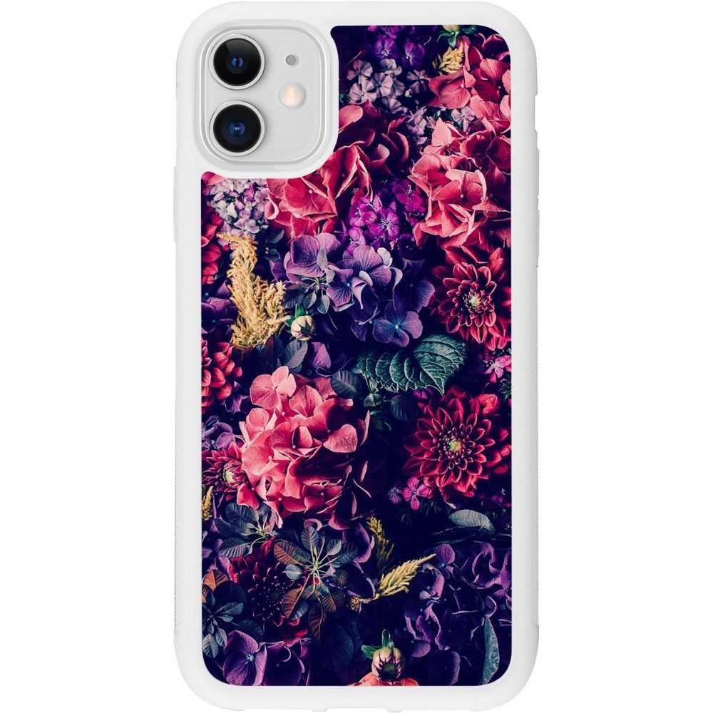 Coque iPhone 11 - Silicone rigide blanc Flowers Dark