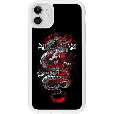 Coque iPhone 11 - Silicone rigide blanc Japanese style Dragon Tattoo Red Black