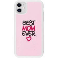 Coque iPhone 11 - Silicone rigide blanc Mom 2023 best Mom ever pink