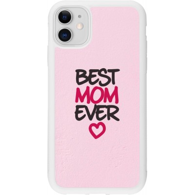 Coque iPhone 11 - Silicone rigide blanc Mom 2023 best Mom ever pink