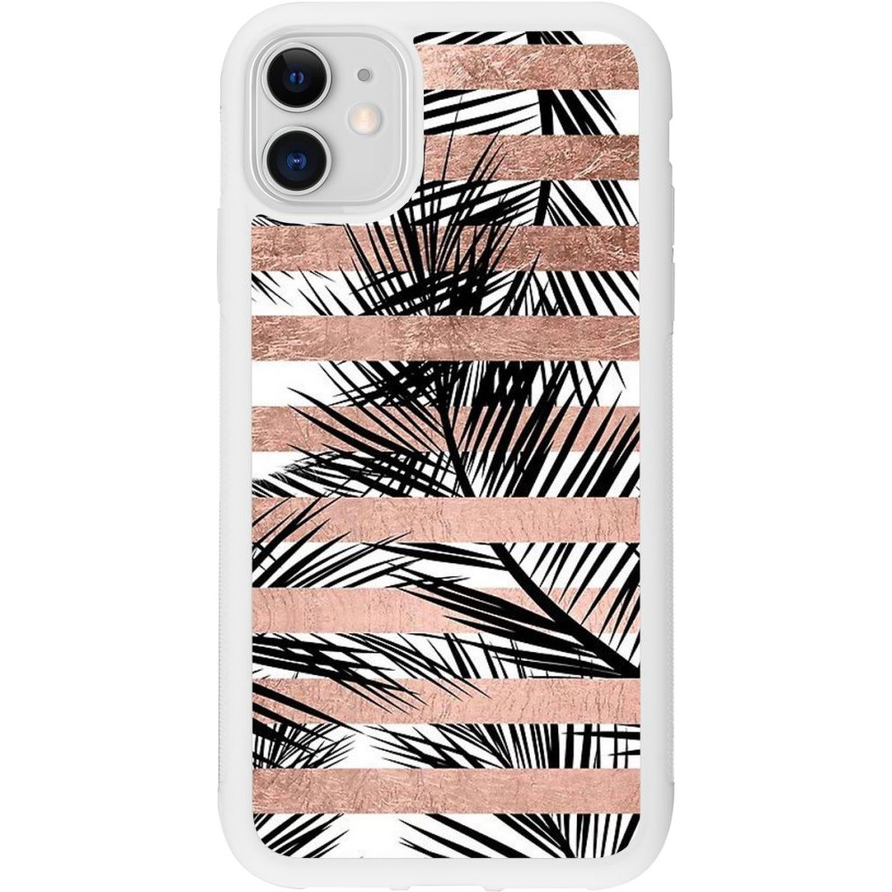 Coque iPhone 11 - Silicone rigide blanc Palm trees gold stripes