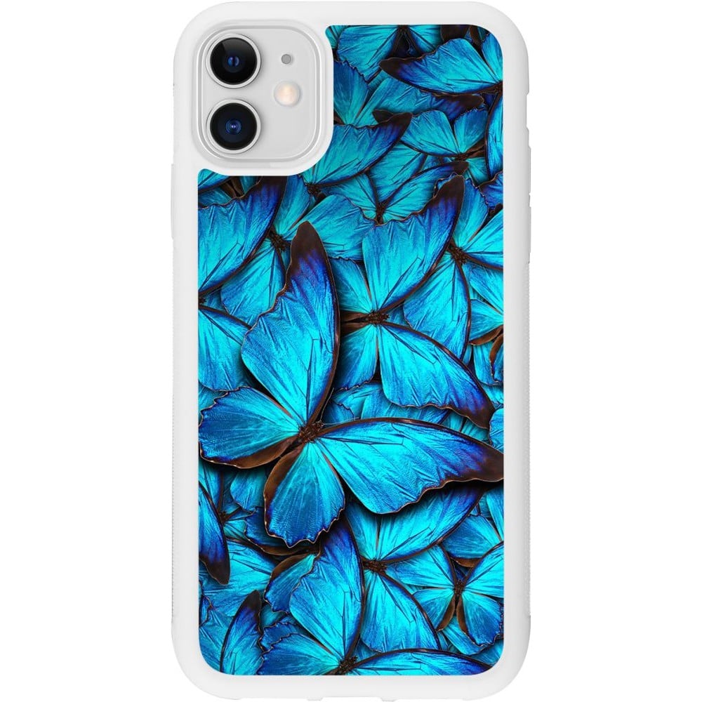 Coque iPhone 11 - Silicone rigide blanc Papillon - Bleu