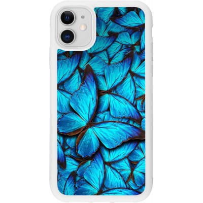 Coque iPhone 11 - Silicone rigide blanc Papillon - Bleu