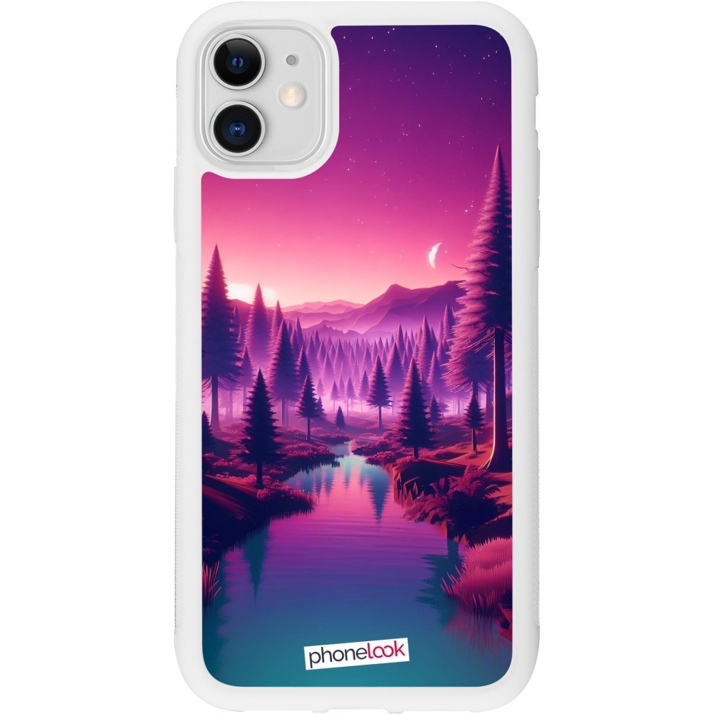 Coque iPhone 11 - Silicone rigide blanc Paysage Violet-Rose