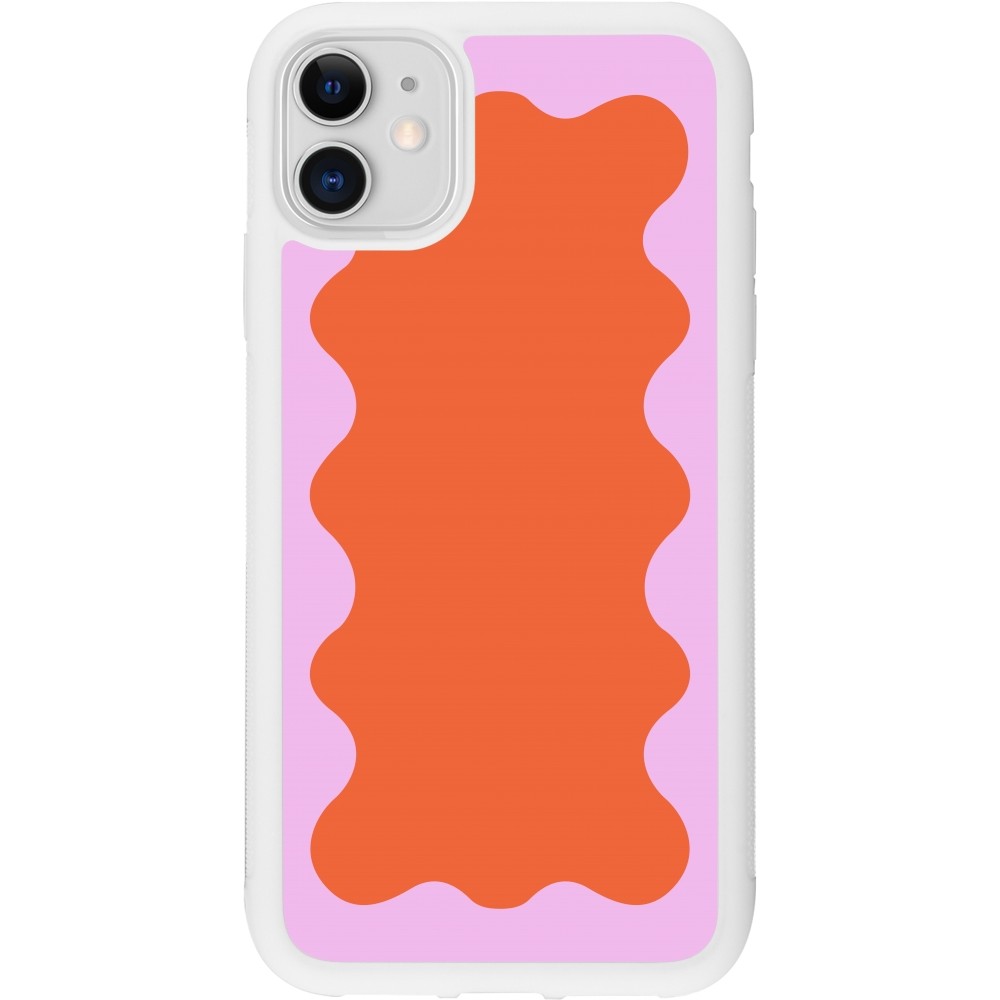 Coque iPhone 11 - Silicone rigide blanc Wavy Rectangle Orange Pink