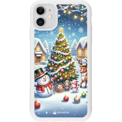 Coque iPhone 11 - Silicone rigide blanc Noël 2023 bonhomme de neige et sapin